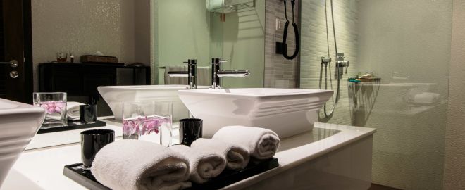 Bathroom tiles, lighting, sink and vanity remodeling